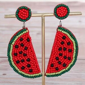 Charming Bohemian 2 Slices of Watermelon Beaded Earrings